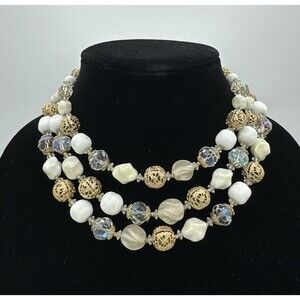 Vendome Coro Necklace Vintage Three 3 Strands Gold Cage Milk Glass Beads